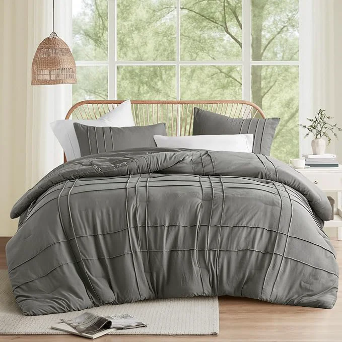 High-Grade Comfort Spaces Grey Twin Size Comforter Set – 2 Pieces Pintuck Pleated Bedding Sets Twin All Season Lightweight Extra Softness Pre-Washed Microfiber Twin Bed Set Shams Twin Twin XL Clean