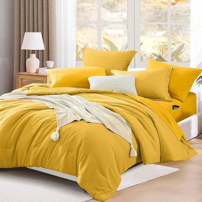Genuine WRENSONGE Queen Comforter Set- 7 Pieces Soft Yellow Bed in a Bag Queen with Fitted Sheet Flat Sheet 2 Shams and 2 Pillowcases- Warm Bedding Sets for All Season Secure