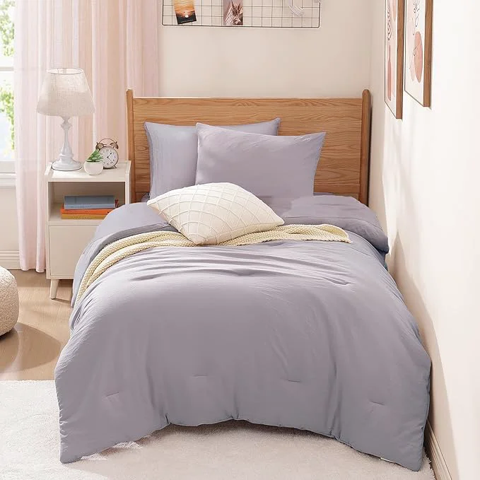 Recyclable WRENSONGE Twin Comforter Set- 5 Pieces Lilac Twin Bed in a Bag All Season Twin XL Bedding Sets with 1 Fitted Sheet 1 Flat Sheet 1 Pillow Sham and 1 Pillowcase Minimalist