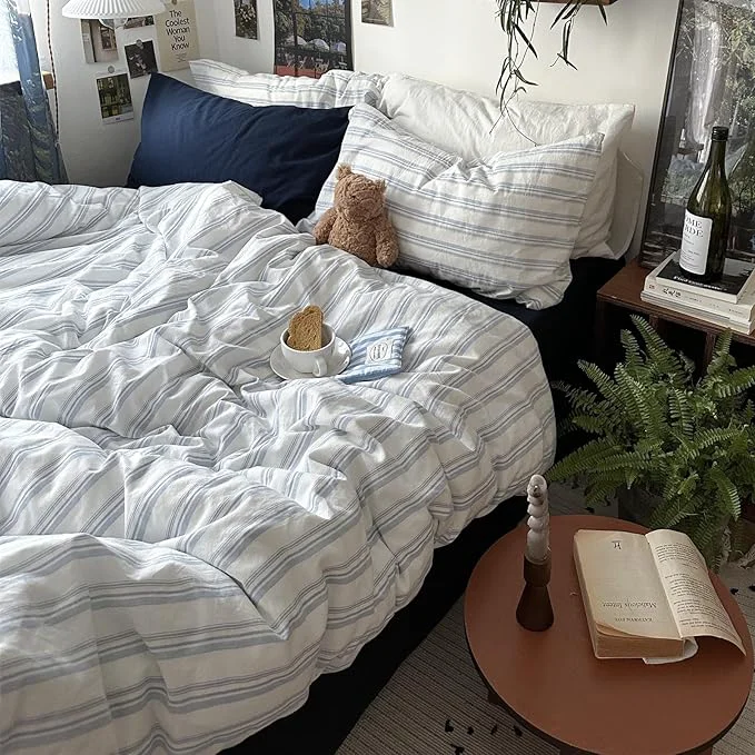 Next-Generation VM VOUGEMARKET Demin Blue Striped Comforter Set Full Ticking Stripe Neutral Farmhouse Bedding Set with 2 Pillowcases Lightweight Luxury Comforter for Boys Men Minimalist