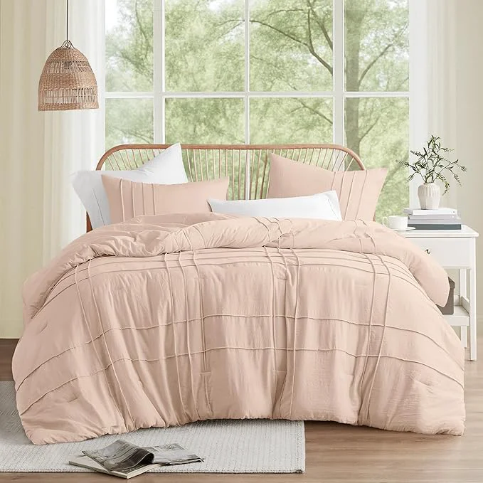 Unique Comfort Spaces Blush Queen Size Comforter Set – 3 Piece Pintuck Pleated Bedding Set All Season Lightweight Extra Softness Pre-Washed Microfiber Bed Set Shams Specialty