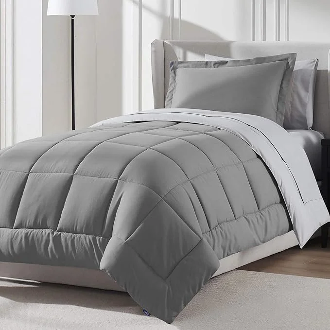Classic Nestl 5 Piece Twin XL Comforter Set – Grey Reversible Bed in a Bag – Complete Twin XL Size Bedding Set with Sheets Pillowcase and Sham Traditional
