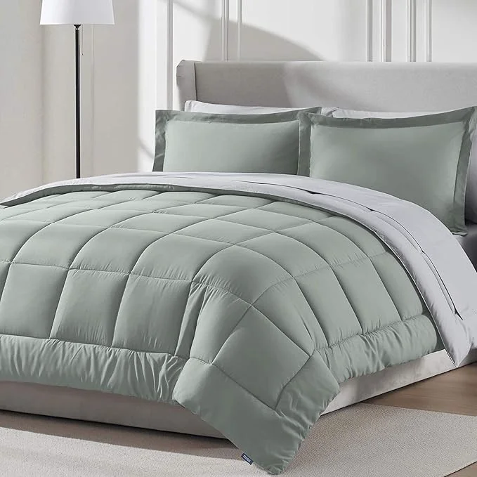 Effective Nestl 7 Piece Queen Comforter Set – Sage Green Reversible Bed in a Bag – Complete Queen Size Bedding Set with Sheets Pillowcases and Shams Recyclable