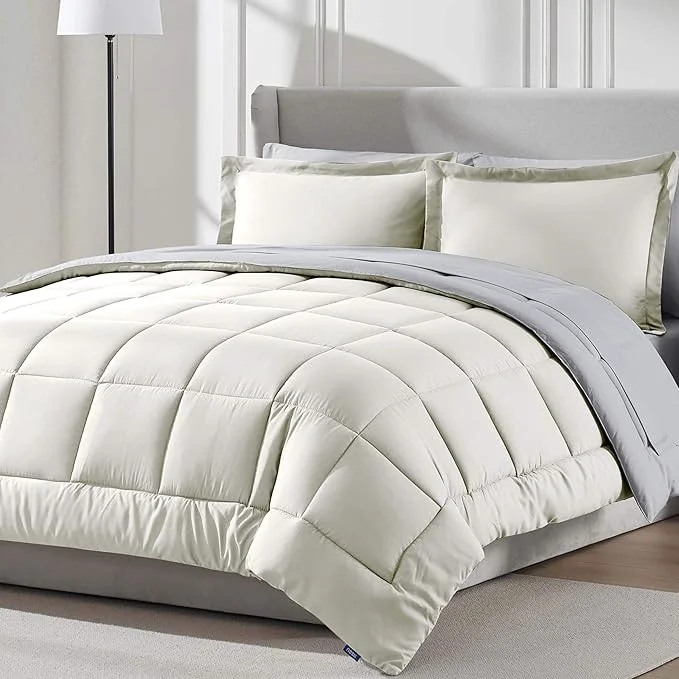 Carefully Designed Nestl 7 Piece California King Comforter Set – Off White Reversible Bed in a Bag – Complete Cal King Size Bedding Set with Sheets Pillowcases and Shams Elegant