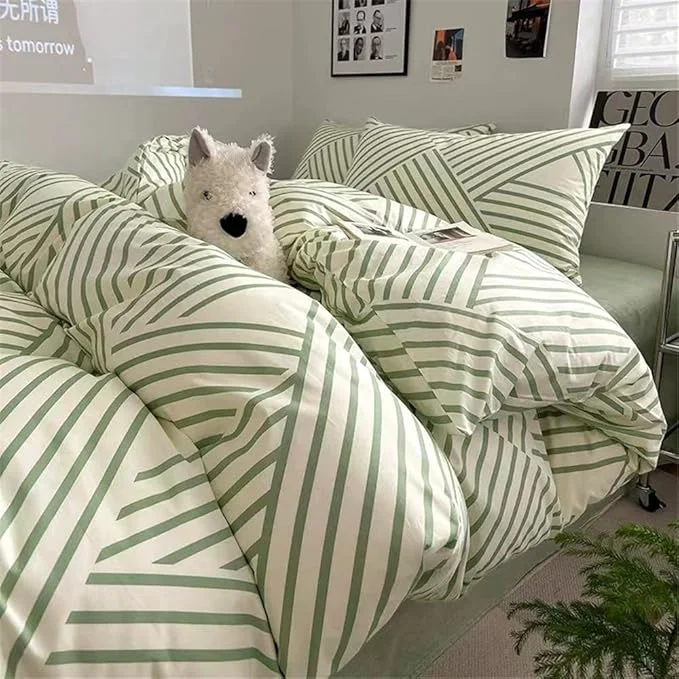Detailed VM VOUGEMARKET Striped Comforter Set Full Instagram Style Geometric Quilt with 2 Pillowcases Modern Fashion Comforter Set for Teens-Green White Stripes Selected