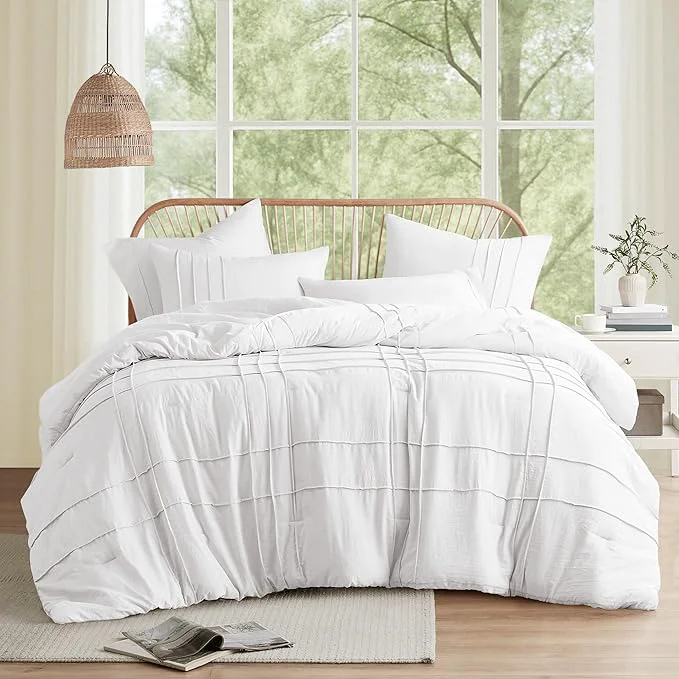 Natural Comfort Spaces White Twin Size Comforter Set – 2 Pieces Pintuck Pleated Bedding Sets All Season Lightweight Extra Softness Pre-Washed Microfiber Bed Set Shams Eco-Friendly