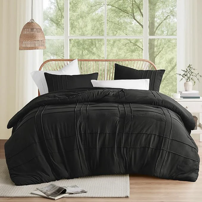 Minimalist Comfort Spaces Black King Size Comforter Set – 3-Piece Pintuck Pleated Bedding Set All Season Lightweight Extra Soft Pre-Washed Microfiber Shams Original Design