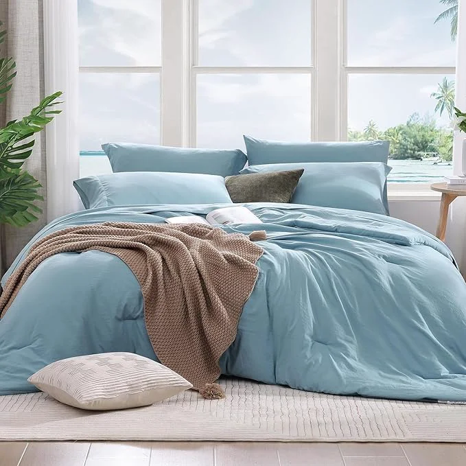 Outstanding WRENSONGE King Size Comforter Set- 7 Pieces Soft Blue Bed in a Bag with Fitted Sheet Flat Sheet 2 Pillow Shams and 2 Pillowcases- Warm King Bedding Set for All Season Carefully Designed