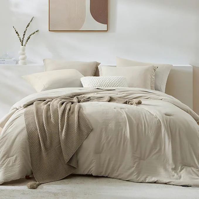 User-Friendly WRENSONGE Oversize King Size Comforter Sets- 7 Pieces Soft Light Oatmeal Bed in a Bag with Fitted Sheet Flat Sheet 2 Pillow Shams 2 Pillowcases Warm Bedding Sets for All Season Reusable