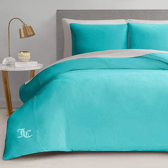 Pure Juicy Couture Blue Crush Velour Full Queen Comforter Set – 3 Piece Luxury Bedding Ensemble First-Class