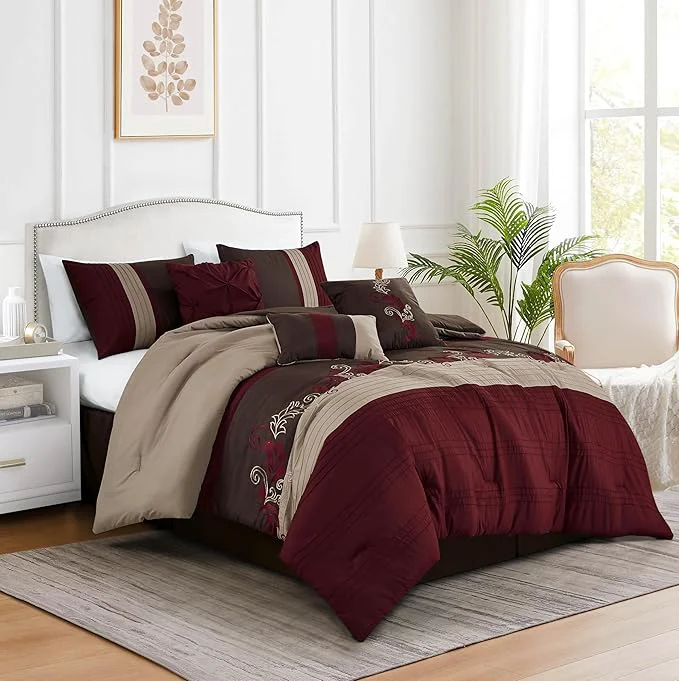 Practical Chezmoi Collection Napa 7-Piece Luxury Leaves Scroll Embroidery Bedding Comforter Set Queen Burgundy Taupe Brown Trendy