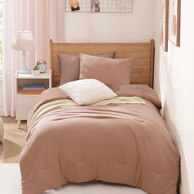 Exclusive WRENSONGE Twin Comforter Set- 5 Pieces Clay Pink Twin Bed in a Bag All Season Twin XL Bedding Sets with 1 Fitted Sheet 1 Flat Sheet 1 Pillow Sham and 1 Pillowcase Classic