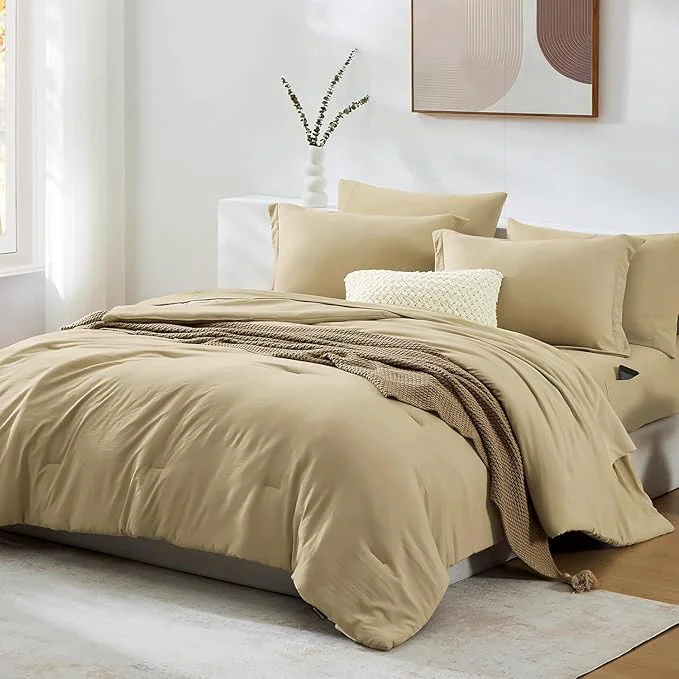 Certified WRENSONGE Queen Comforter Set- 7 Pieces Soft Taupe Bed in a Bag Queen Size with Fitted Sheet Flat Sheet 2 Pillow Shams and 2 Pillowcases- Khaki Bedding Sets for All Season High-Quality