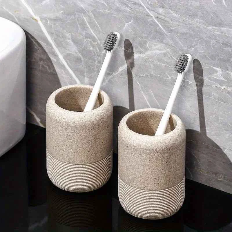 Refined Modern Textured Bathroom Accessory Set with Tumblers and Tray Minimalist