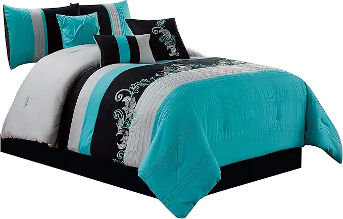 Relaxed Chezmoi Collection Napa 7-Piece Luxury Leaves Scroll Embroidery Bedding Comforter Set Oversized King Teal Blue Gray Black Artisan
