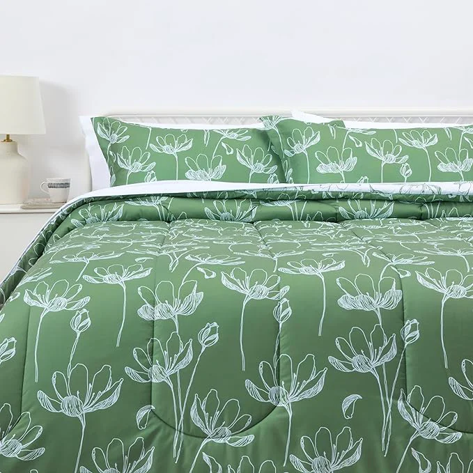 Exclusive Amazon Basics 7-Piece Lightweight Microfiber Comforter Set King Green Floral Smart
