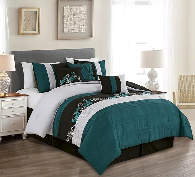 Carefully Designed Chezmoi Collection Napa 7-Piece Luxury Leaves Scroll Embroidery Bedding Comforter Set Queen Teal Black Gray Enhanced