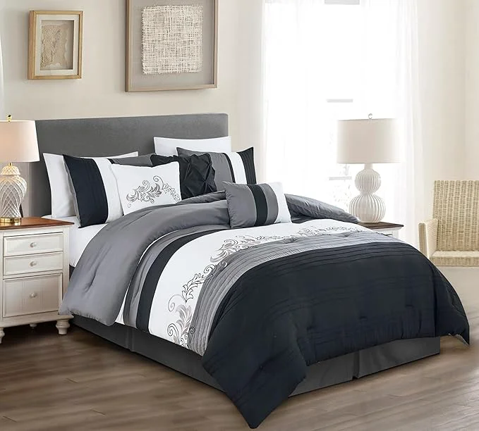 Trendy Chezmoi Collection Napa 7-Piece Luxury Leaves Scroll Embroidery Bedding Comforter Set Oversized King Black Gray White Pure
