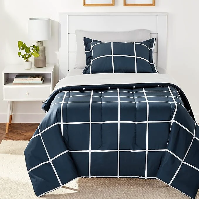 Clean Amazon Basics 5-Piece Lightweight Microfiber Comforter Set with Sheets Bed-in-a-Bag Navy with Grey Plaid Bedding Twin Twin XL Prestigious
