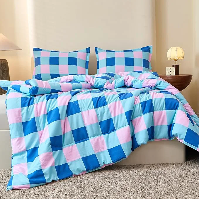 Recyclable Caressma Checkered Comforter Set Full Size Blue and Pink Plaid Comforter Bedding Set Grid Gingham Fluffy Comforter Home Decor Minimalist