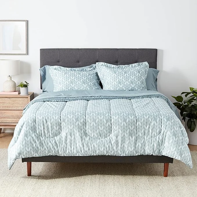 World-Class Amazon Basics Full Queen Comforter Set with Herringbone Sheets 7-Piece Gray Leaf Bedding Lightweight Microfiber Bed-in-a-Bag Optimized