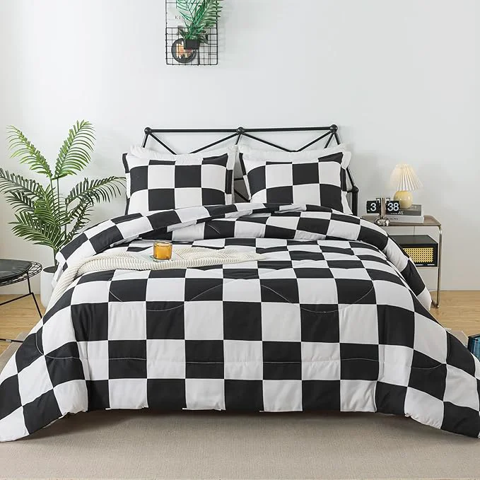 Easy-to-Use Caressma Black White Comforter Set Twin Size Checkered Plaid Comforter Bedding Set Fluffy Grid Plaid Comforter Home Decor for All Seasons Next-Generation