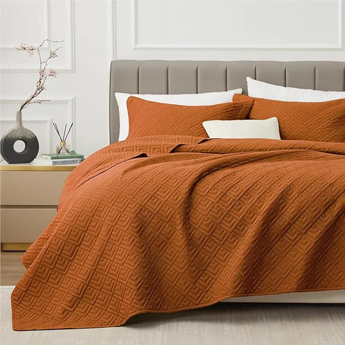 Reliable EXQ Home Quilt Set Twin Size Umber 2 Piece Lightweight Soft Coverlet Modern Style Squares Pattern Bedspread Set 1 Quilt 1 Pillow Sham Enhanced