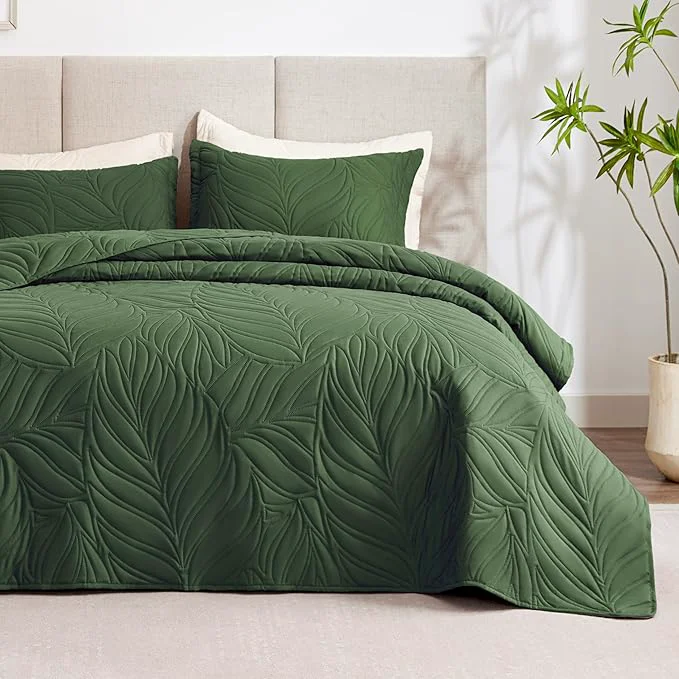 Responsible EXQ Home Quilt Set King Size Olive Green 3 Piece Lightweight Soft Coverlet Modern Style Leaf Pattern Bedspread Set 1 Quilt 2 Pillow Shams Proven