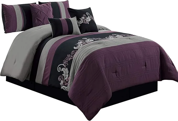Superior Chezmoi Collection Napa 7-Piece Luxury Leaves Scroll Embroidery Bedding Comforter Set Oversized King Purple Black Gray Durable