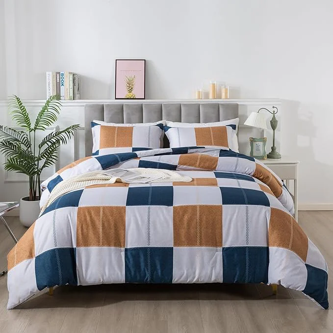Safe Caressma Navy Blue Plaid Checkered Comforter Set Fluffy Geometric Grid Gray and Brown Buffalo Twin Size Comforter with Matching Pillow Shams for All Seasons Elegant