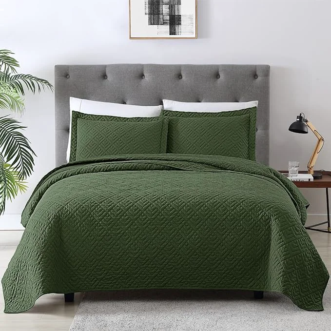 Verified EXQ Home Quilt Set Twin Size Olive Green 2 Piece Lightweight Soft Coverlet Modern Style Squares Pattern Bedspread Set 1 Quilt 1 Pillow Sham Enhanced