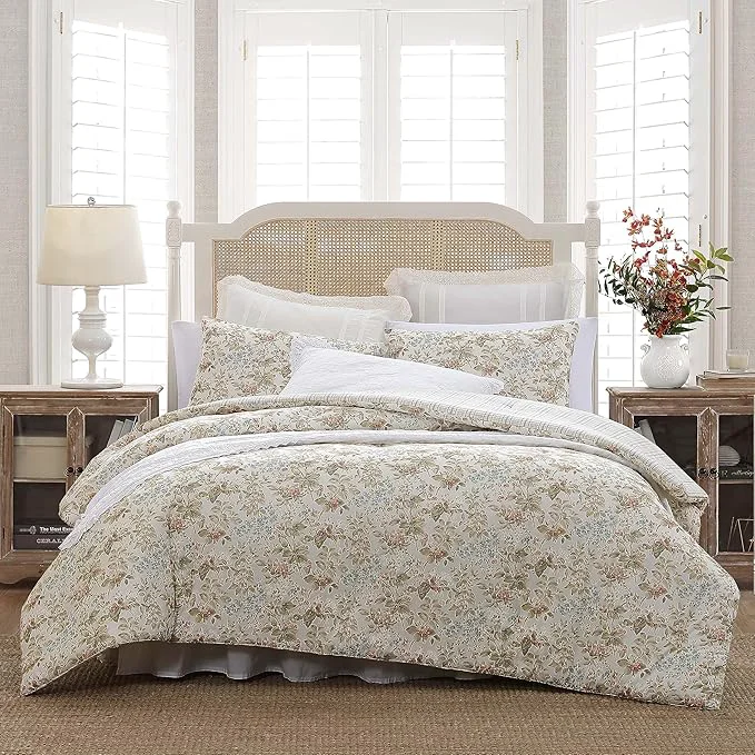 Exclusive Laura Ashley – King Comforter Set Reversible Cotton Bedding with Matching Shams Floral Home Decor with Plaid Reverse Bramble Floral Beige King Soft