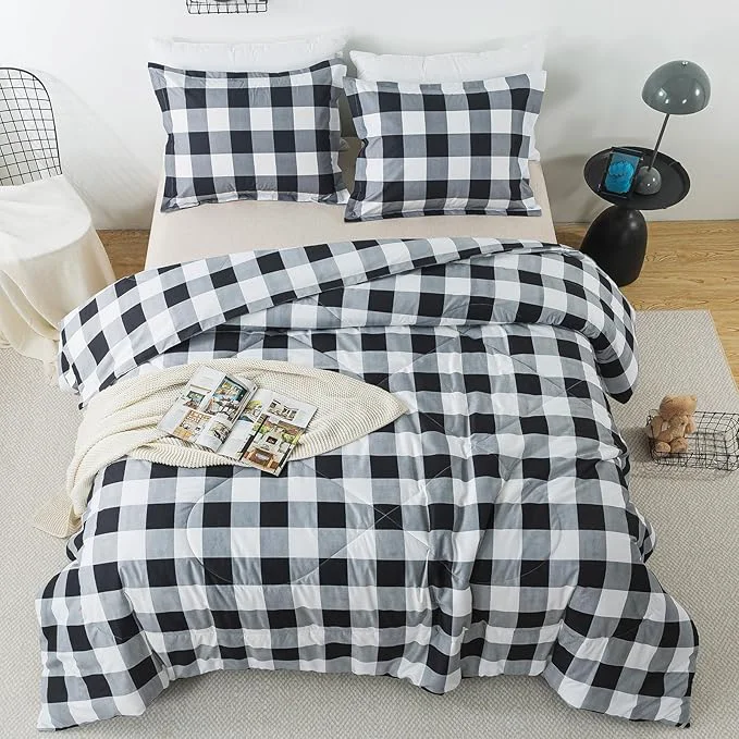 Exclusive Caressma Black White Comforter Set Twin Size Classic Buffalo Plaid Comforter Bedding Comforter Sets Stylish Geometric Plaid Fluffy Home Decor for All Seasons Effective