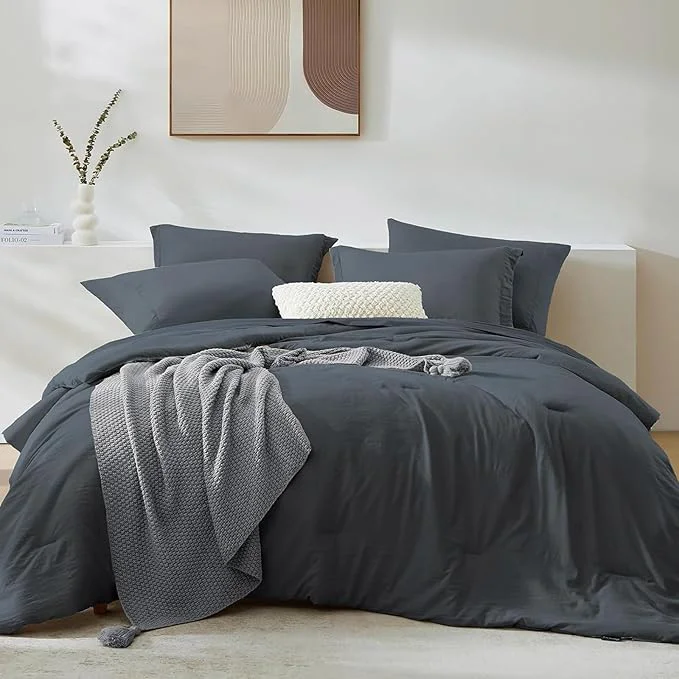 Verified WRENSONGE King Size Comforter Set- 7 Pieces Blue Grey Bed in a Bag King with Fitted Sheet Flat Sheet 2 Pillow Shams and 2 Pillowcases-Warm King Bedding Set for All Season Consistent