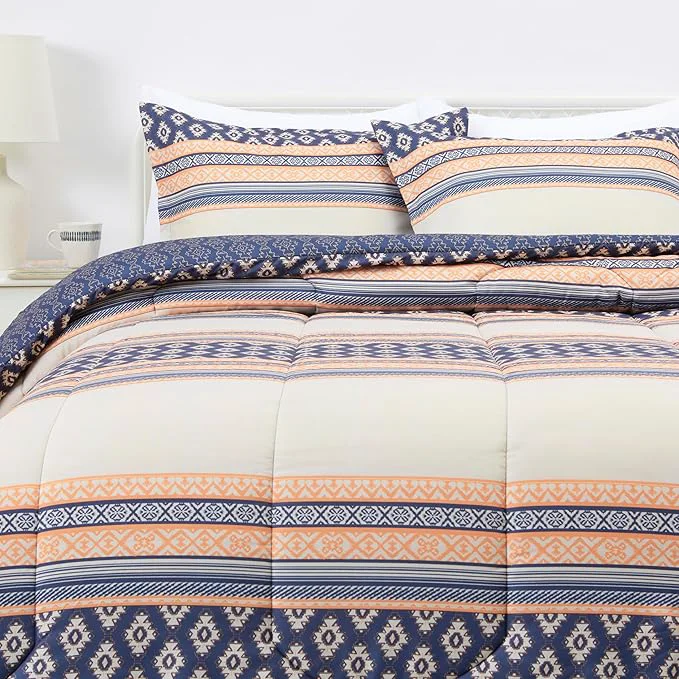 Exclusive Amazon Basics Lightweight Microfiber Comforter Set 3-Pieces Gray Geometrics Full Queen Soft