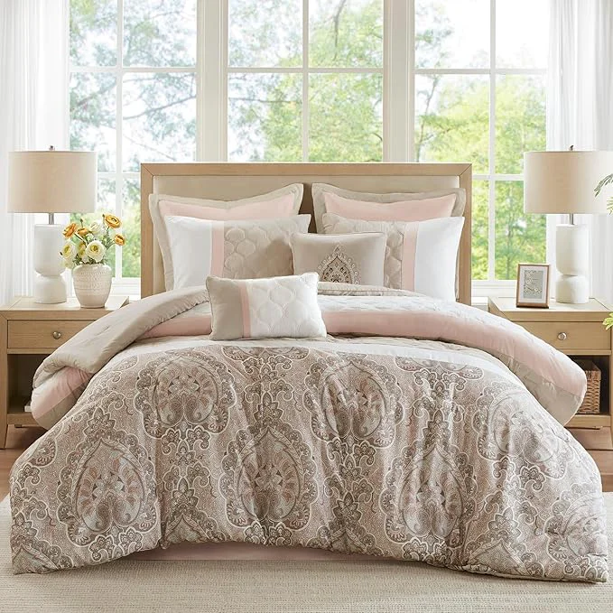 Breathable 510 DESIGN Luxe Quilted Comforter Set Modern Transitional Design All Season Down Warm Bedding Matching Shams Bedskirt Decorative Pillow King Shawnee Scrollwork Blush Durable