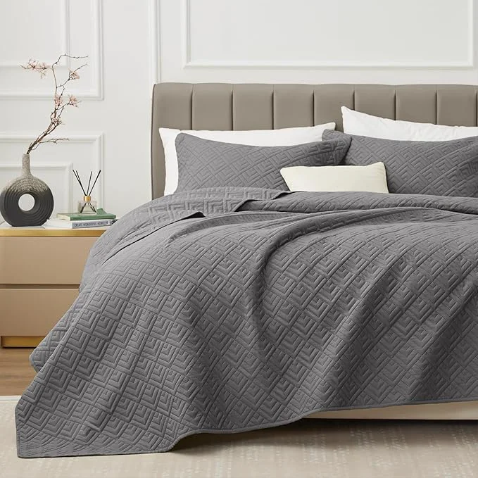 Certified EXQ Home Quilt Set Full Queen Size Grey 3 Piece Lightweight Soft Coverlet Squares Pattern Bedspread Set for All Season 1 Quilt 2 Pillow Shams Authentic