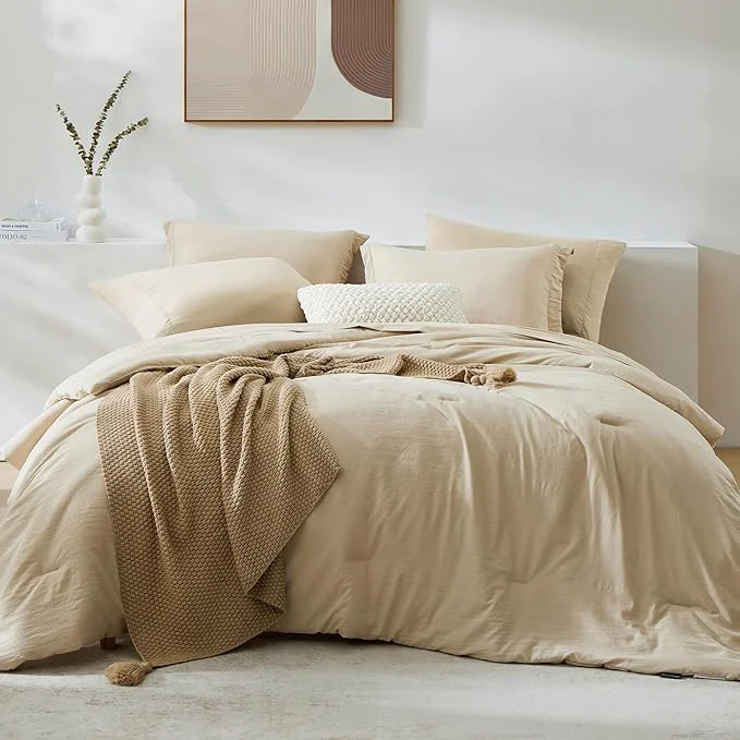 Casual WRENSONGE Oversize King Size Comforter Set- 7 Pieces Soft Beige Bed in a Bag Oversize King with Fitted Sheet Flat Sheet 2 Pillow Shams 2 Pillowcases Warm Bedding Sets for All Season Functional