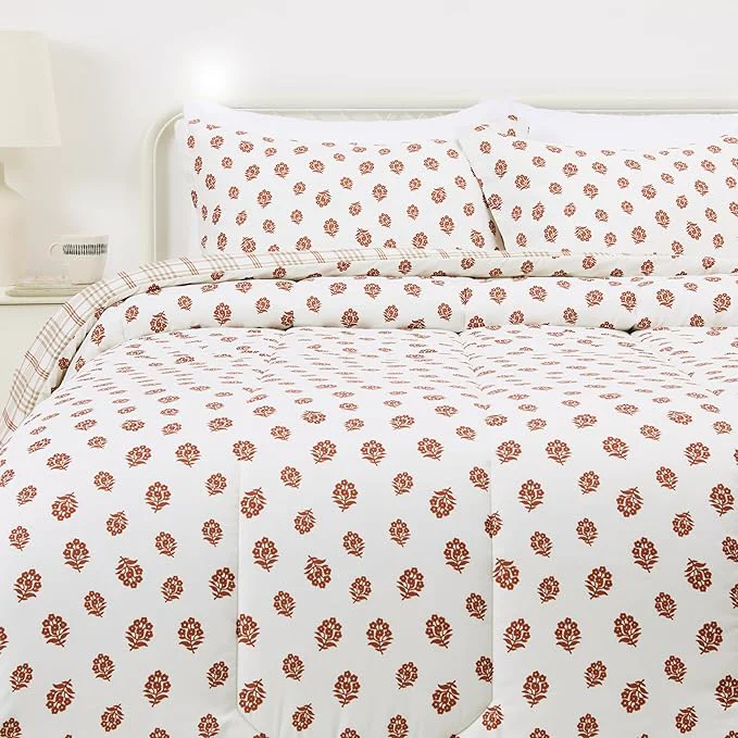 Premium Amazon Basics Lightweight Microfiber Comforter Set 3-Piece Full Queen Off White Floral Expertly Made
