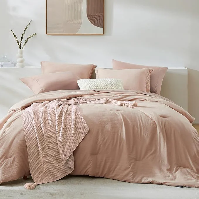 Sustainable WRENSONGE Full Size Comforter Set- 7 Pieces Clay Pink Bed in a Bag Full Size Comforter with Fitted Sheet Flat Sheet 2 Pillow Shams 2 Pillowcases Warm Bedding Sets for All Season Official
