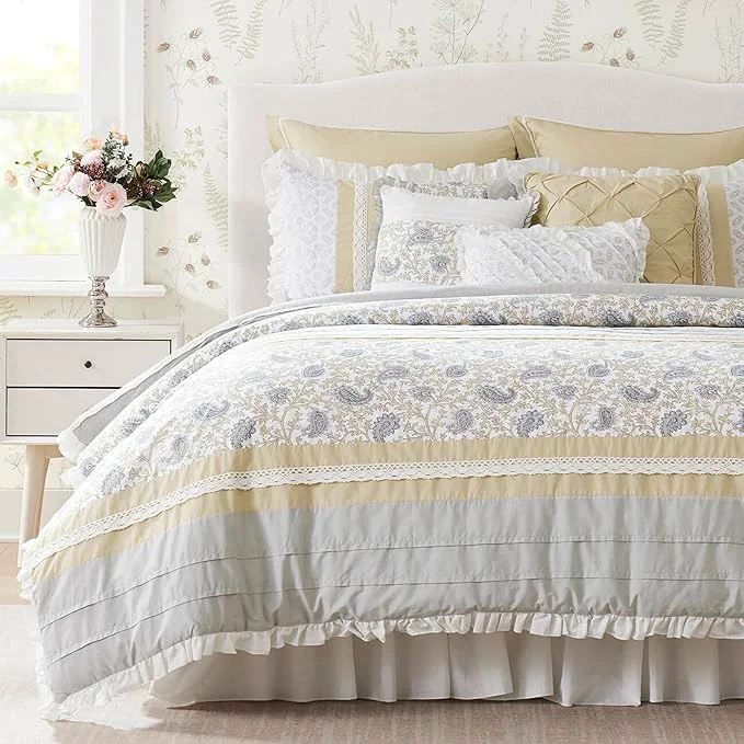 Recyclable Madison Park Dawn Cotton Shabby Chic Comforter Set-Modern Cottage Design All Season Down Bedding Matching Shams Bedskirt Decorative Pillows Queen 90 quot x90 quot Yellow 9 Piece