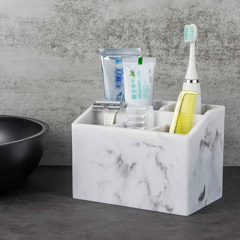 Dependable Marble White Resin Toothbrush amp Toothpaste Holder – Multi-Functional Bathroom Organizer for Electric Toothbrushes Stationery Storage Box – Christmas or Halloween Gift Refined