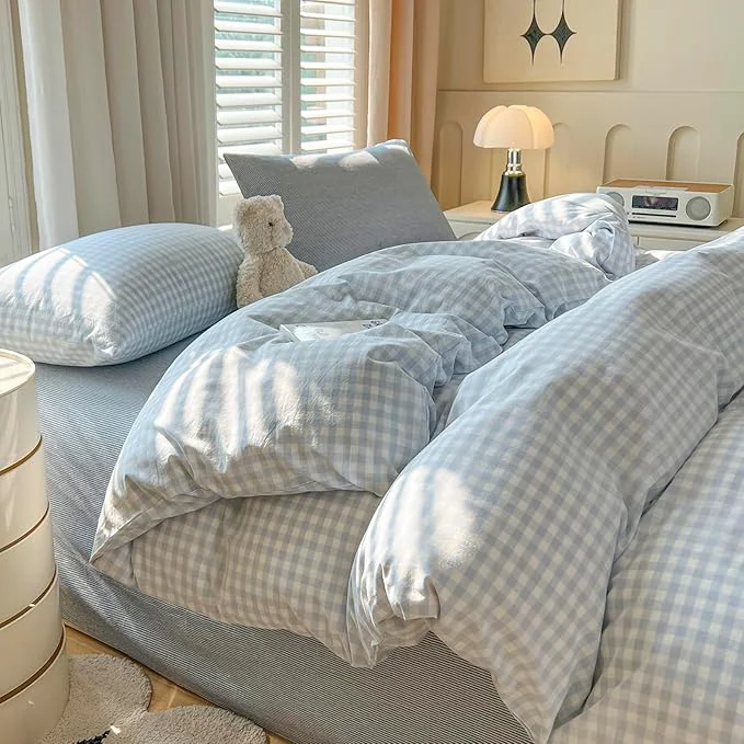 Crafted Blue Gingham Full Size Comforter Down Washed Cotton Bedding Set Boho Fluffy Cozy Cute Bedding Comforter Sets Soft All Season Farmhouse Plaid Bed Comforter with 2 Pillowcases Carefully Designed