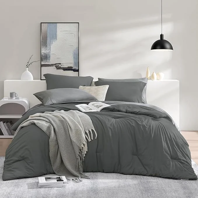 Fashionable WRENSONGE King Size Comforter Set- 7 Pieces Soft Grey Bed in a Bag with Fitted Sheet Flat Sheet 2 Pillow Shams and 2 Pillowcases- Warm Bedding Set for All Season Certified
