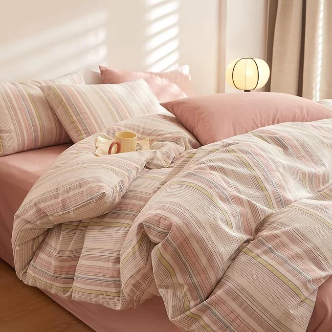 Functional Pink Striped Bed Comforter King Boho Down Bedding Set Washed Cotton Cozy Fluffy Cute Bedding Comforter Sets Chic Soft Breathable Vintage Bed Comforter with 2 Pillowcases Contemporary