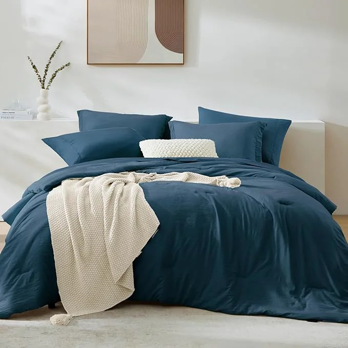 Premium WRENSONGE Queen Comforter Sets- 7 Pieces Soft Serenity Blue Bed in a Bag with Fitted Sheet Flat Sheet 2 Pillow Shams and 2 Pillowcases- Warm Bedding Sets Queen for All Season Environmentally Friendly
