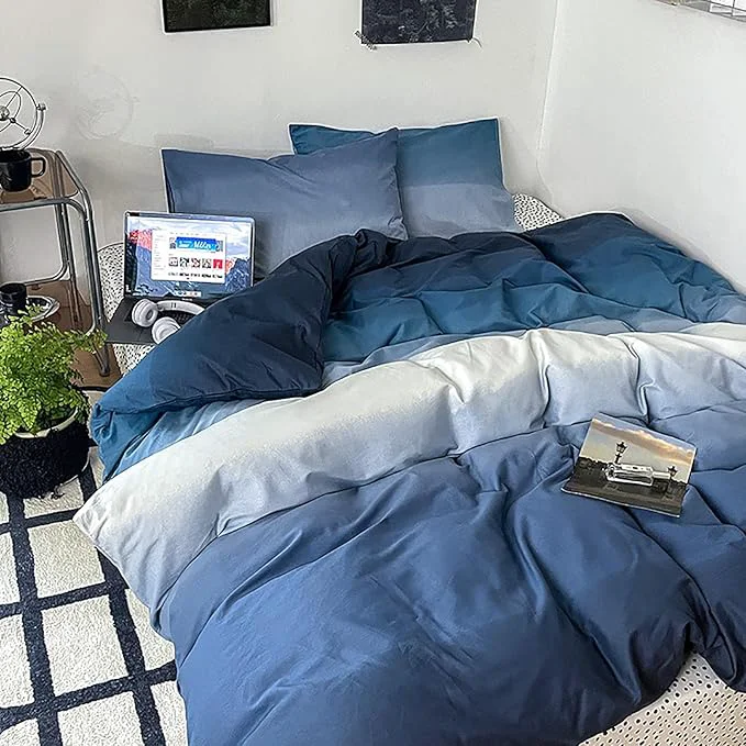 Certified Cottonight Blue Gradient Comforter Set Full Blue and Navy Gradient Bedding Comforter Set Aesthetic Blanket Quilts Breathable Sunset Color 3 Piece Bedding Comforter Set Reusable