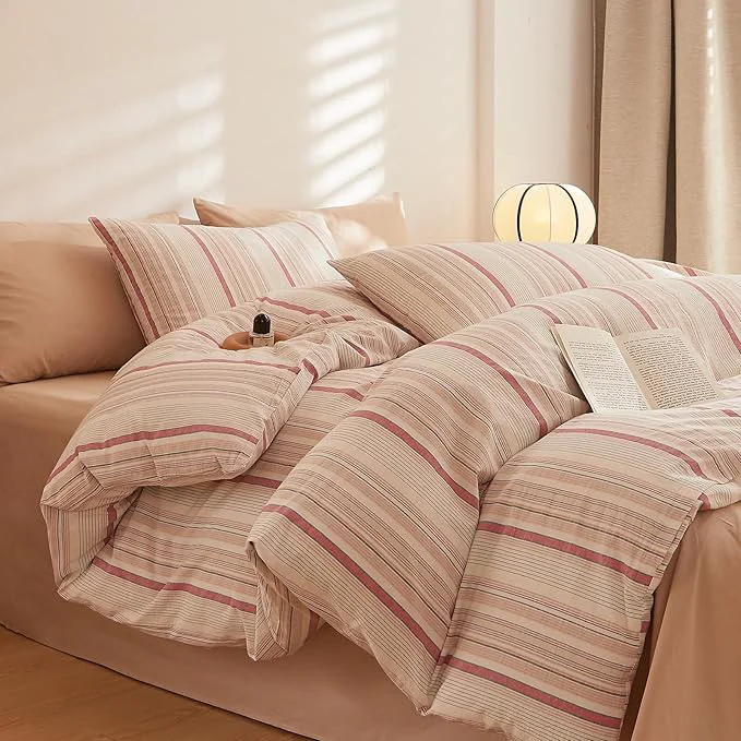Smooth Brown Striped Full Comforter Set Boho Down Bedding Set Fluffy Washed Cotton Soft Bedroom Bedding Comforter Sets Rustic All Season Cute Cozy Bed Comforter with 2 Pillowcases Advanced