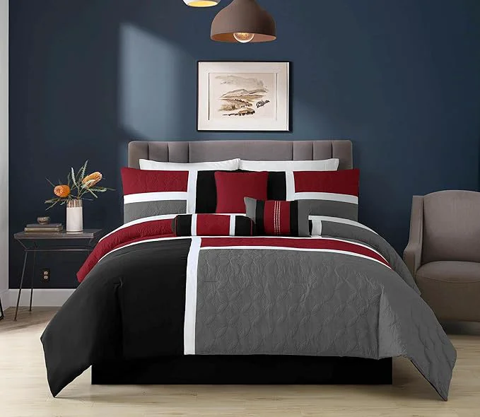 Contemporary Chezmoi Collection 7-Piece Quilted Patchwork Comforter Set Red Gray Black King Enhanced