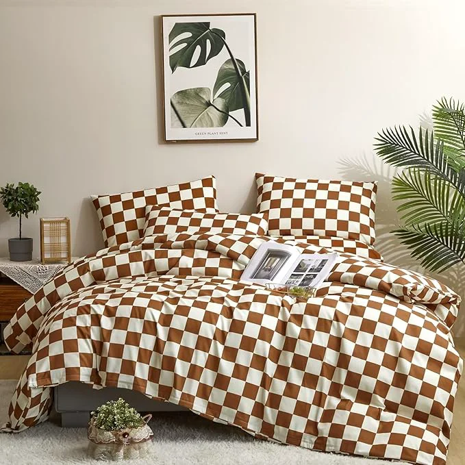 Modern Houseri Pumpkin White Comforter Set Queen Size Elegant Caramel Brown Bedding Quilts Checkerboard Comforter Russet Brown Grid Bed Comfy Premium Material